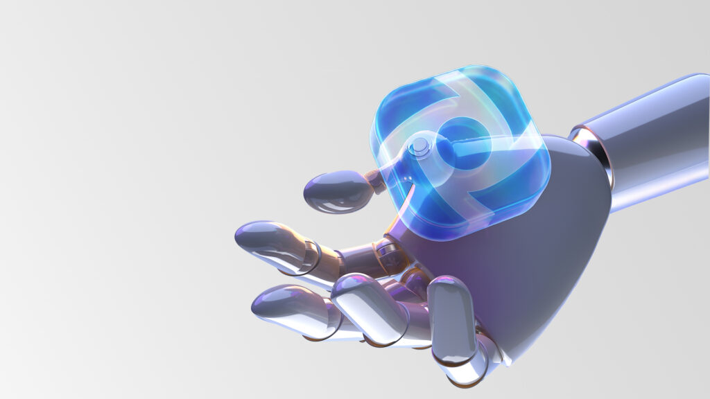 Bild einer Roboterhand, die das abgewandelte MCI Logo für die Masterclasses hält