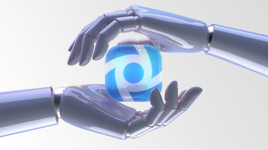 Zwei Roboterhände die schützend das für Masterclasses angepasste MCI Logo halten